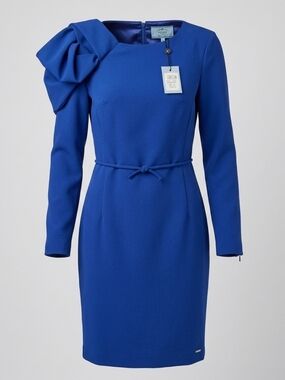 NWT Vipart Blue Belted Pencil Slim Fit Cocktail Midi Dress Zipper Sleeves Size M